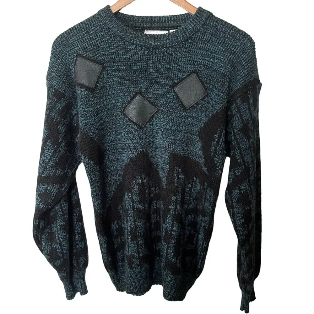 VTG Campus 80s 90s Sweater Pullover Mens Blue Black Acrylic Leather Abstract S